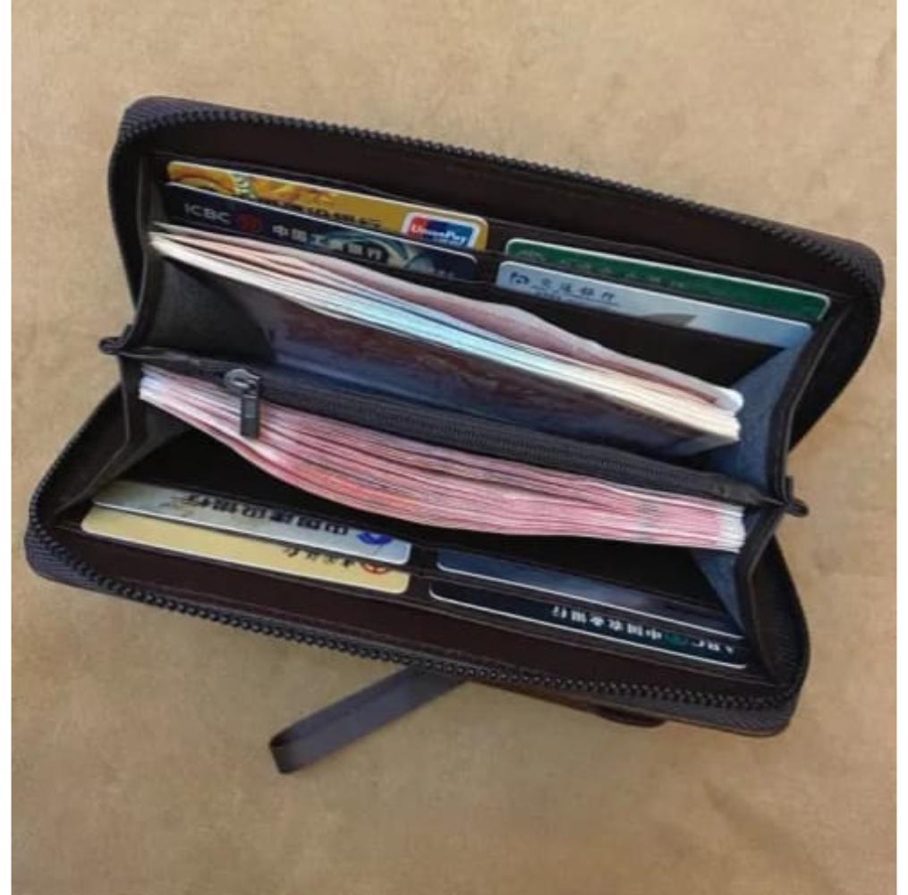 Unisex Leather Wallet - 1 Pc Slim Profile with Zipper Closure